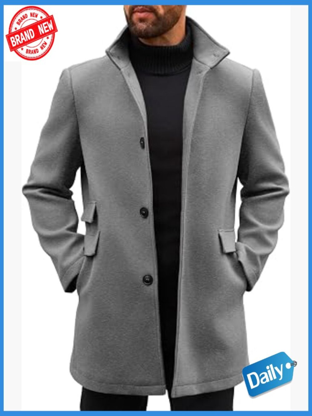 Men's Classic Pea Coat Single Breasted Stand Collar Slim Fit Trench Coat Winter